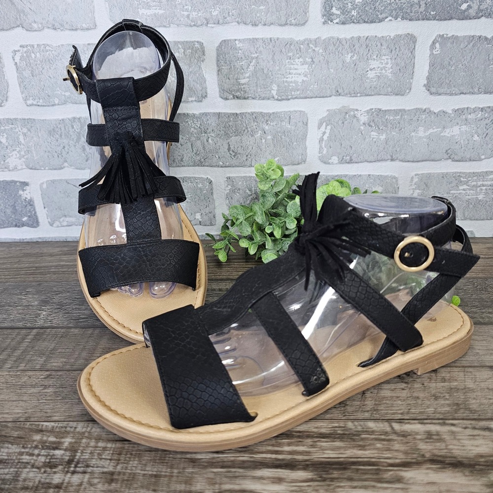 Dr. Scholl's Encore Black Snakeskin Embossed Tassel Gladiator Sandals Women's 9M